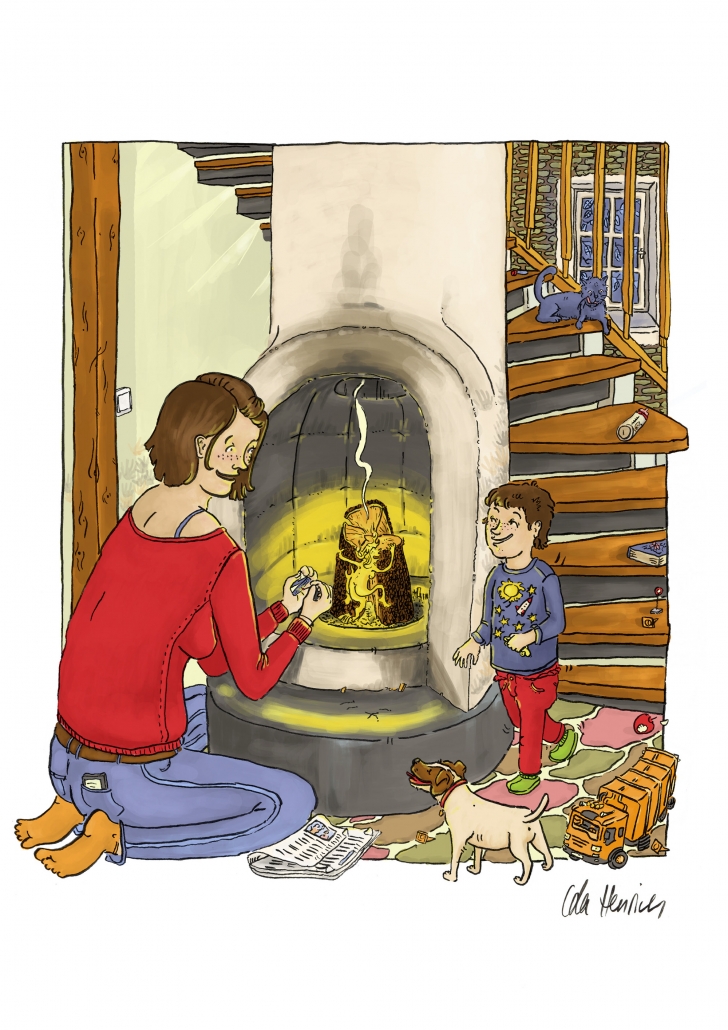 A woman speaking to her son as she is lighting a fire. The boy is coming down the stairs.