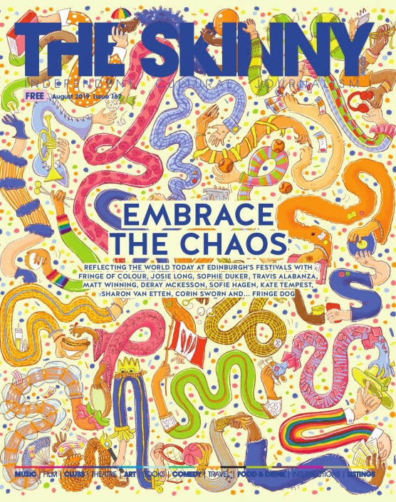 Festival issue cover, August '19, The Skinny. The many diverse arms create a pattern. The busy arms are playing balls, eating burgers, listening to music, using smart phones and much more. Artwork by Ida Henrich, Art Direction by Rachael Hood, Design by Fiona Hunter