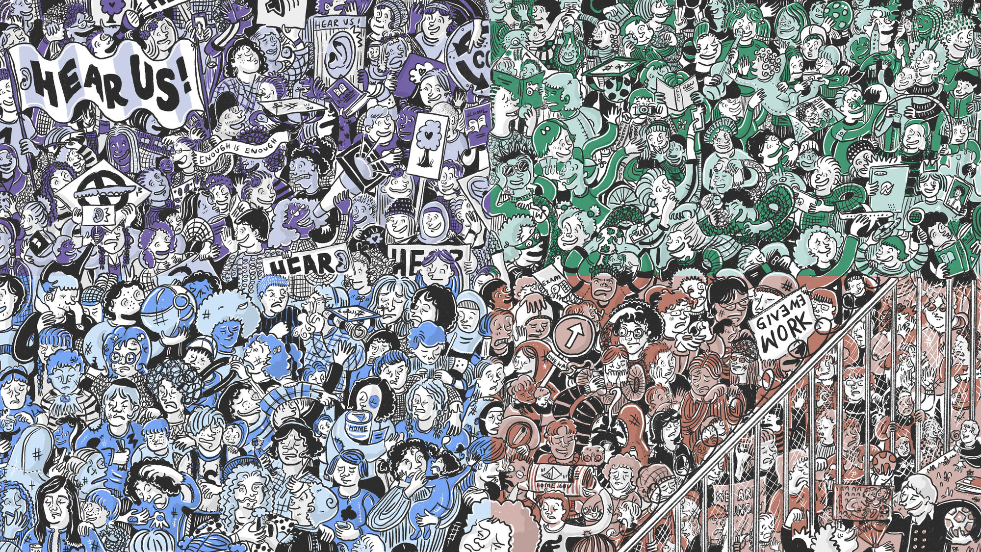 Illustration of crowds of children within different scenarios for child care in the future in England in 2035. The artwork is split into a purple, green, light blue and brown sections. | Artwork by Ida Henrich