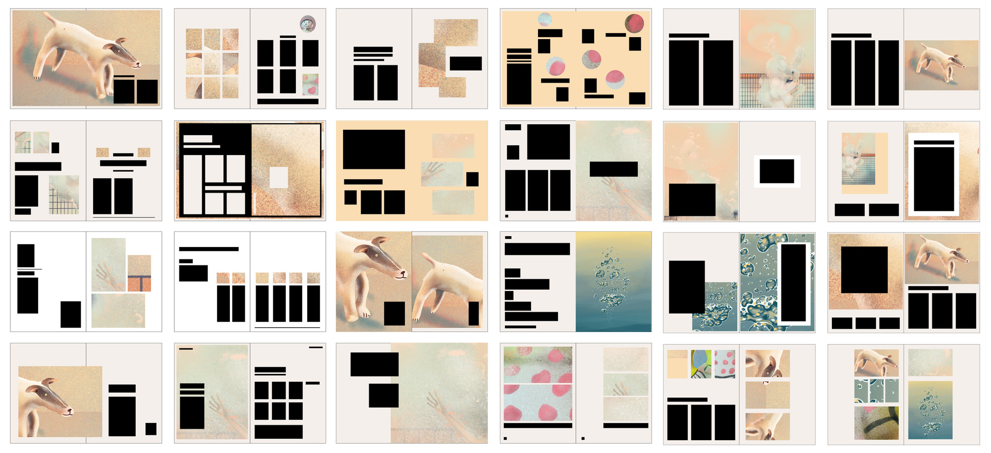24 thumbnails showing different design layout experiments using Ida Henrich's own illustrations