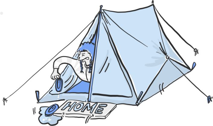 A vector illustration of a child with wet shoes living in a tent for Project 2035 | Illustration and Art Direction by Ida Henrich
