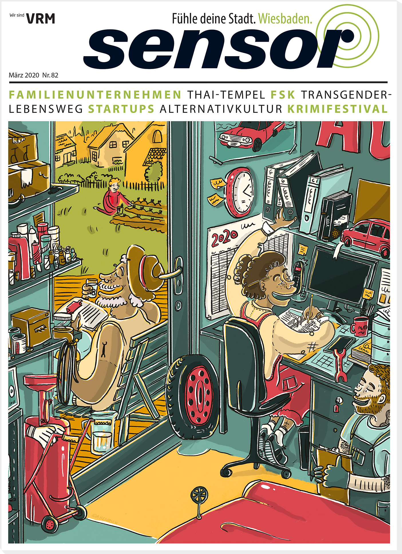Image of a car garage with staff and family. Cover | Artwork ©Ida Henrich | Mar 19