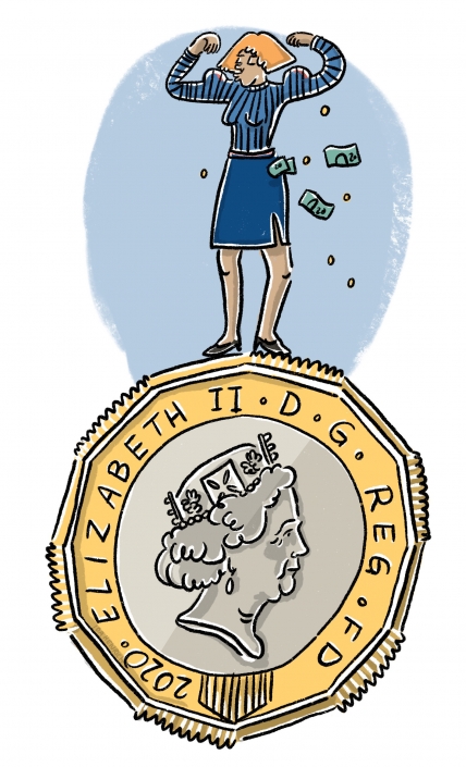 A woman standing on top of a huge pound coin in a power pose. The image speaks about success and wealth.
