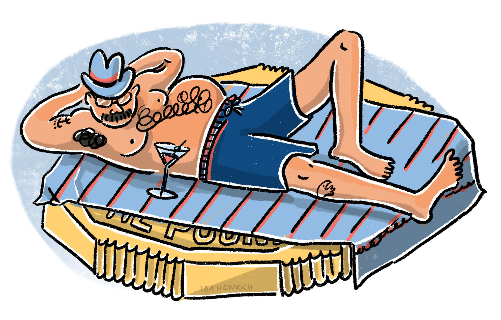 A sunburned man with a mustache and beer belly sunbathing on top of a massive pound coin with a cocktail. The image speaks about wealth, comfort, holiday and richness. ©Ida Henrich.