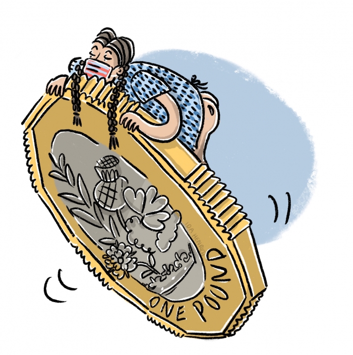 A girl with plaited pigtails in a hospital dress leaning on a huge pond coin. The image talks about hospitals, health, the NHS, income in relation to money and finance.