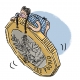 A girl with plaited pigtails in a hospital dress leaning on a huge pond coin. The image talks about hospitals, health, the NHS, income in relation to money and finance.