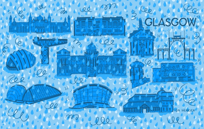 The image shows Glasgow tourist attractions in the rain. The attractions include: GoMA, Finnieston Crane, SSE Hydro, SEC Armadillo, The Glasgow School of Art Mackintosh building, Barrowland Ballroom, Peoples Palace, the Mitchell Library, The Glasgow Lighthouse, The Science Museum and the Kelvingrove Art gallery. Image by Ida Henrich