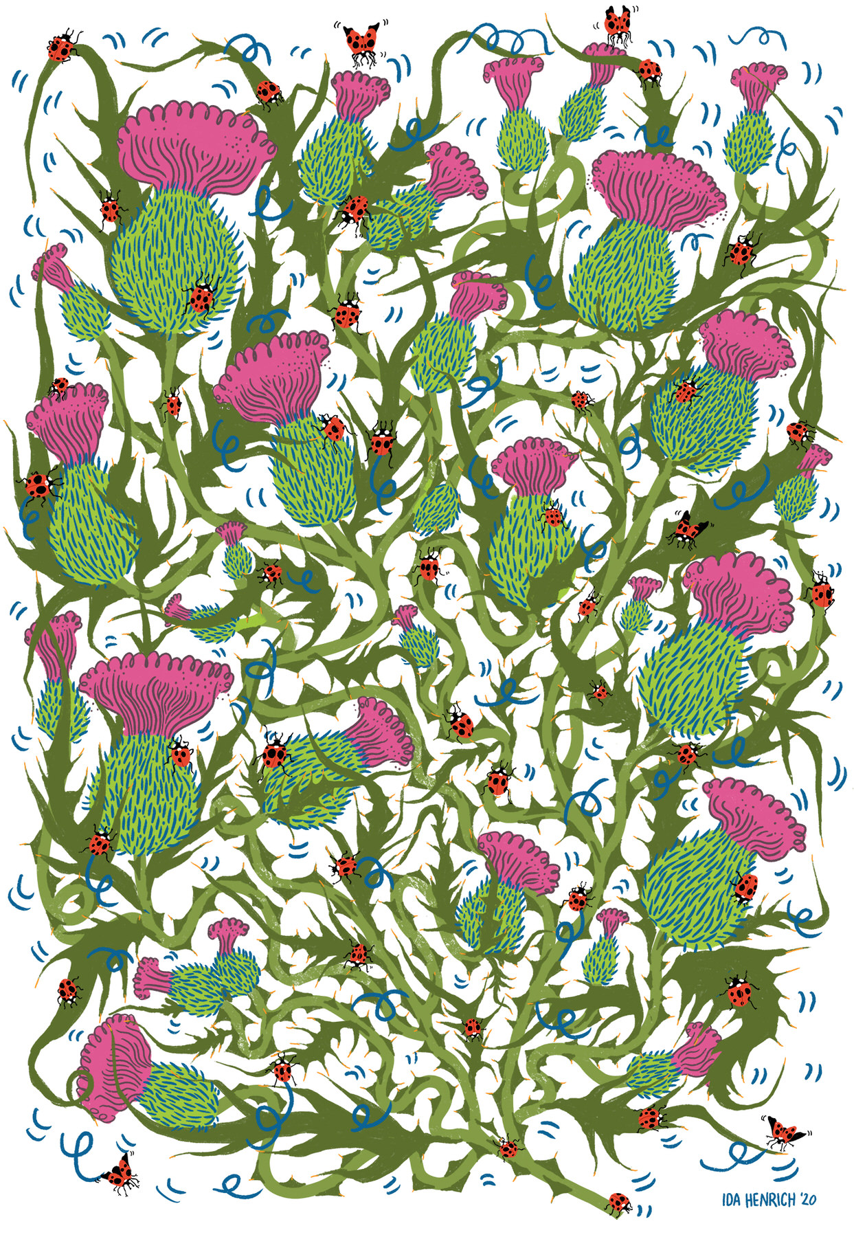 An illustrated pattern of thistles and ladybirds. ©Ida Henrich