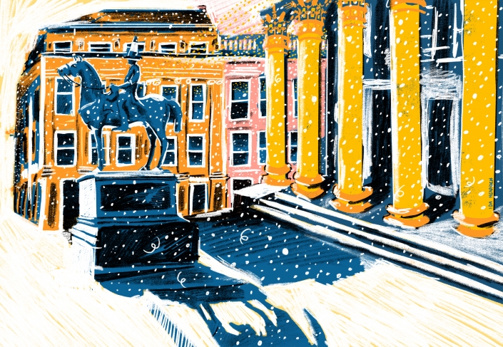 Image shows the Duke of Wellington on Glasgow’s Royal Exchange Square in the snow. The image is bright and colourful
