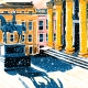 Image shows the Duke of Wellington on Glasgow’s Royal Exchange Square in the snow. The image is bright and colourful