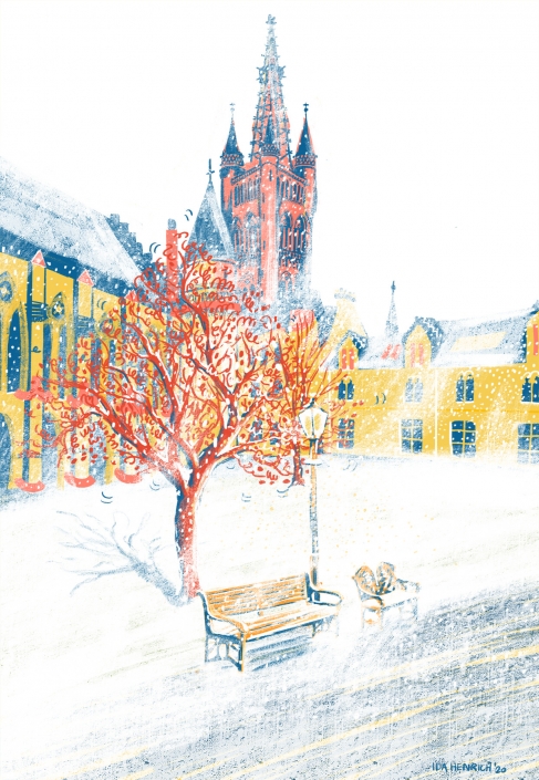 Artwork shows Glasgow University Old and New College within a snowstorm. Artwork by Ida Henrich