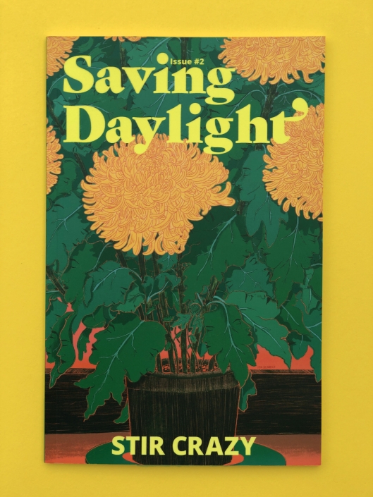 Saving Daylight Magazine cover illustrated and designed by Ida Henrich. It featuring a chrysanthemum plant with leaves which look like face.