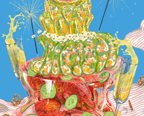 Jello date is an illustration of seafood prepared in Jello in a retro 70s style. The bottom tear features lobster, the medium king prawns and the top vegetables. The entire creation is just about to fall down.