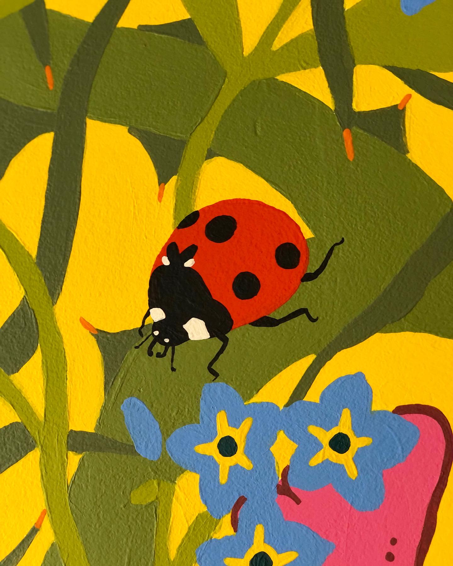 Closeup of Bakery Honeytrap mural showing a ladybird on a thistle plant surrounded by forget-me-not flowers_©Ida Henrich