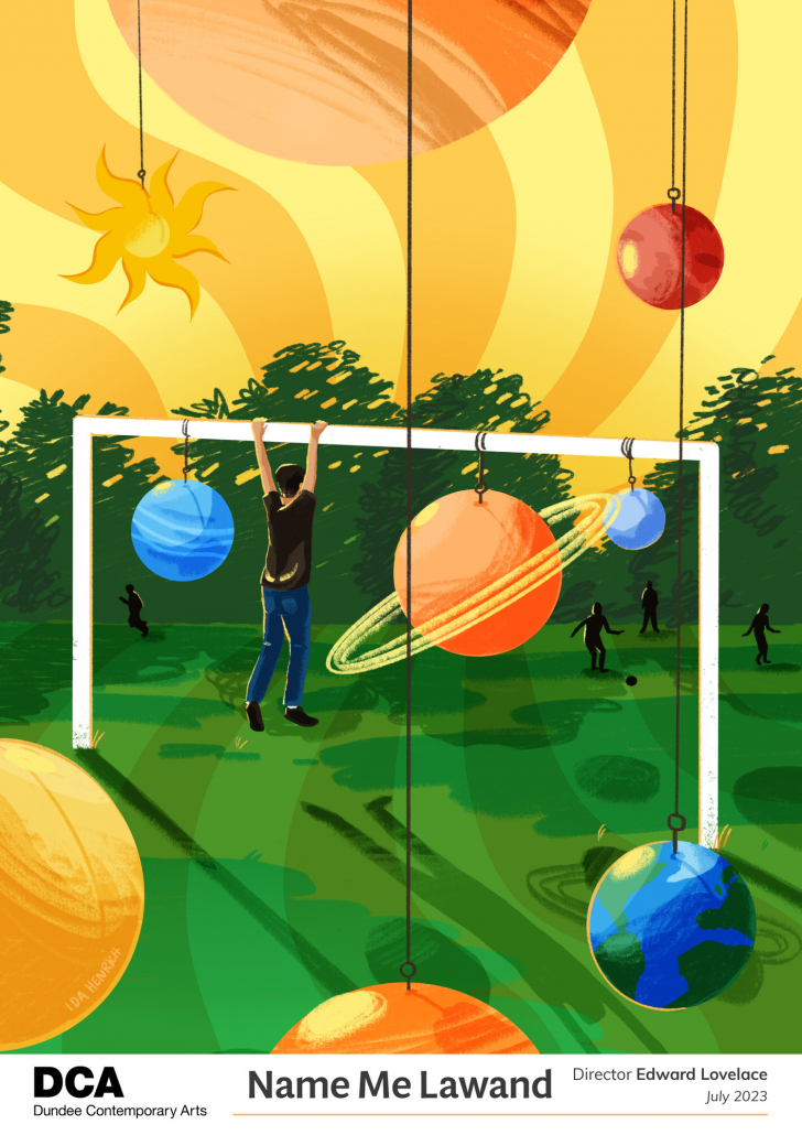 Name me Lawand film poster showing Lawand hanging off a football goal surrounded by planets.