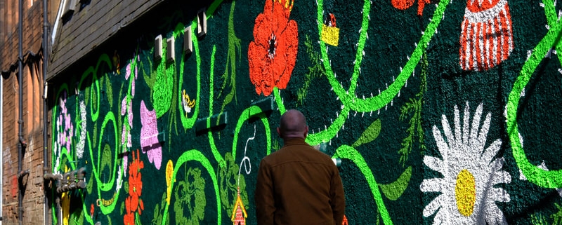 Image shows the Reid Lane mural graffiti with a community garden theme. The artwork contains local community garden flowers and many animals including snails, birds, ladybirds and cats. Mural by Ida Henrich
