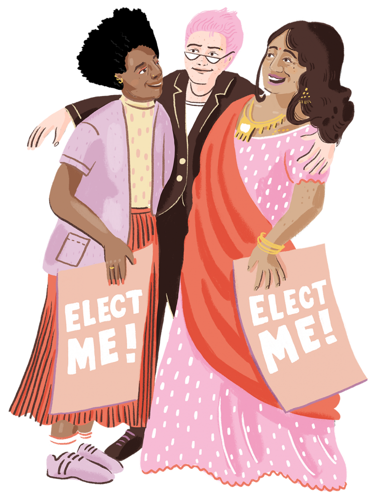 Illustrations by Ida Henrich of diverse women in politics doing activities such as activism, leafleting, hostings, public speaking and talking to constituents for Elect Her CIC
